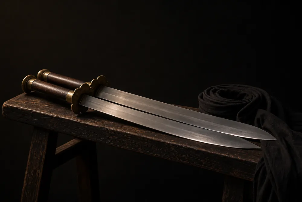 A pair of traditional butterfly swords resting on a wooden bench in low light