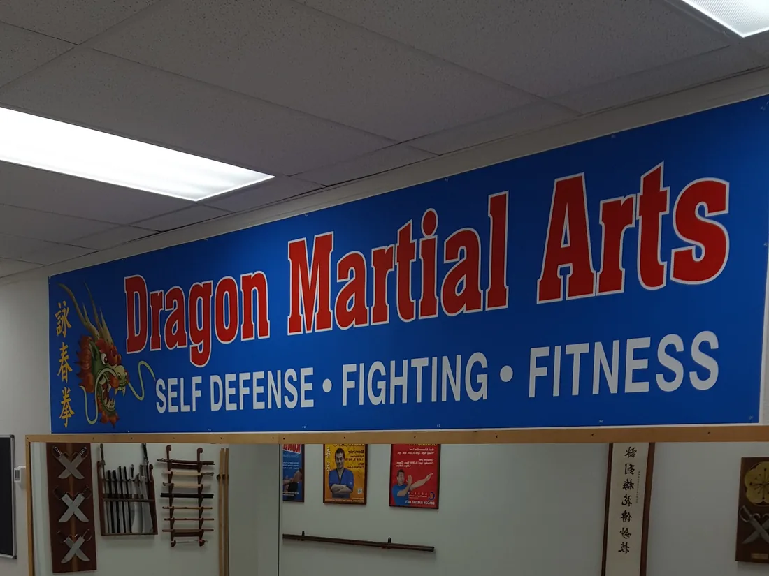 The Dragon Martial Arts training hall, with the school banner above the mirror wall