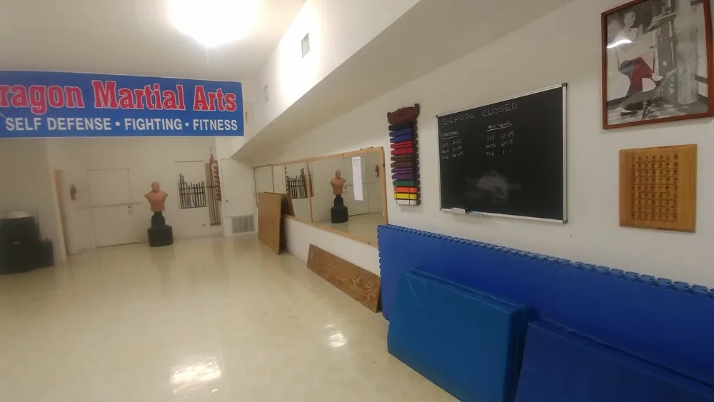 Inside the Dragon Martial Arts training hall, with the school banner on the wall